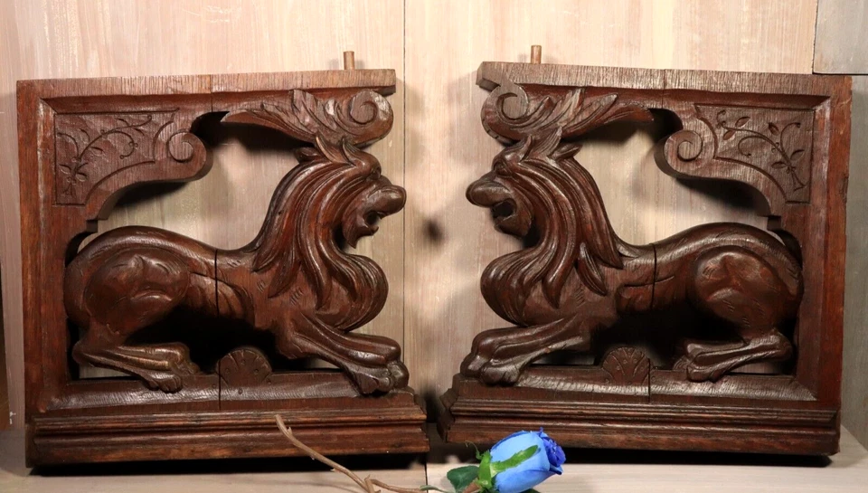 大量 古董 法国 墙面支架 Corbels 手工雕刻 橡木 一对 狮子雕像 — 第 1/4 张图片