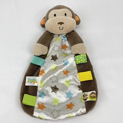 Taggies Monkey Brown Lovey Security Baby Plush Satin Stars Rattle Head 13" - Image 1 of 4