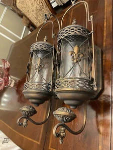 Vintage Style Fleur De Lis Votive Pillar Candle Lantern Wall Sconce Ring Hanger - Picture 1 of 7