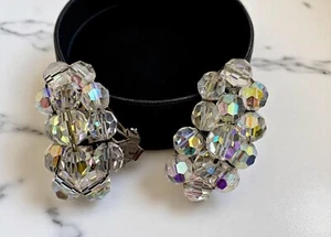 Vintage Aurora Borealis Clip On Earrings Faceted Beads Kidney Shaped Iridescent - Picture 1 of 6