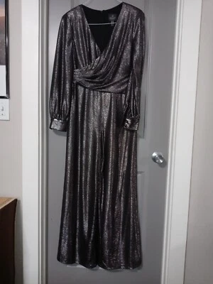 ADRIANNA PAPELL Black Dark Metallic Long Sleeve V-neck Wide Leg Jumpsuit Size 12 - Image 1 of 4