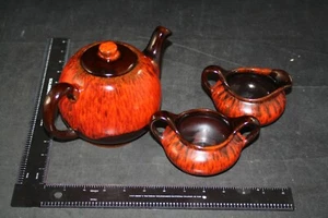 EVANGELINE POTTERY TEAPOT SUGAR CREAMER LOT BROWN RED LAVA DRIP GLAZE CANADA - Picture 1 of 7