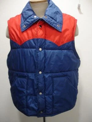 Men's L Vtg 1970's JC Penney Western Snap Vest Jacket Puffer Red Blue Insulated - Image 1 of 4