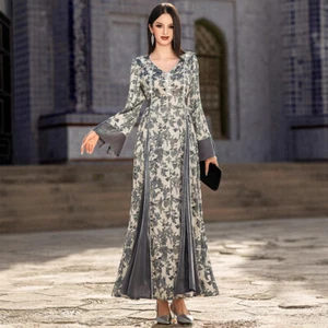 Dubai Damen muslimischer Blumendruck Kaftan Abaya lange Roben Türkei islamische Kleider - Bild 1 von 17