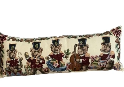 Tapestry Xmas Pillow Teddy Bears Soldier Festive Music Pine Cone Garland 31”x14” - Image 1 of 4