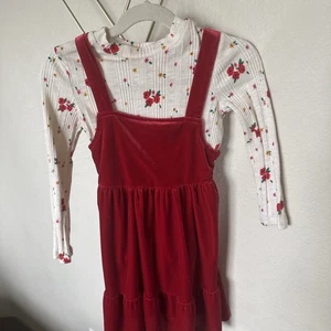 Cat & Jack Toddler Girl 2-Piece  Size 5T - Red Velvet Jumper & Floral Ribbed Top - Picture 1 of 8