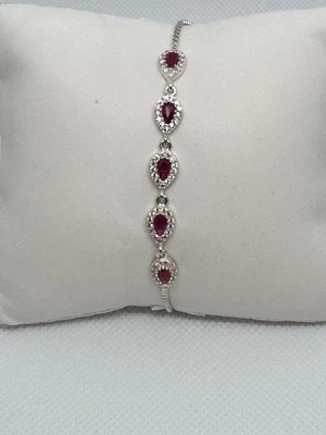 "Pulsera Bolo de plata de ley 925 rubí circonita cúbica halo ajustable 9""" Foto 1 de 4
