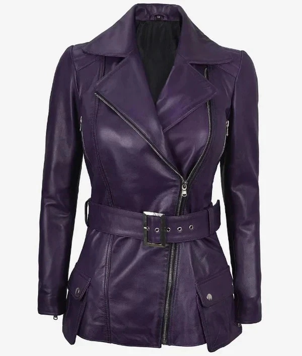 Women New Belted Asymmetrical Moto Biker Real Lambskin Purple Leather Jacket - Image 1 of 4