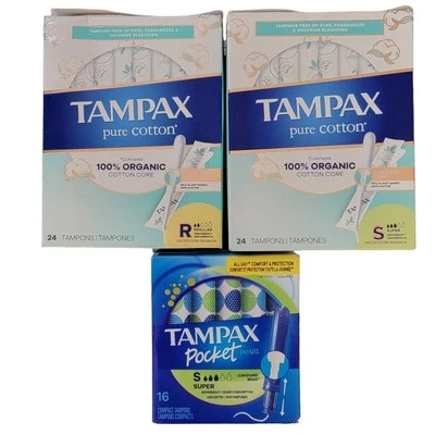 Lote de 3 Tampones Tampax Algodón Puro Bolsillo Perla 64 ct Regular Súper Orgánico Foto 1 de 4