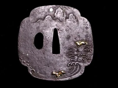 Japón Antiguo Era Edo Marea Luna Conejo Tsuba Hierro Espada Katana Caja  Foto 1 de 4