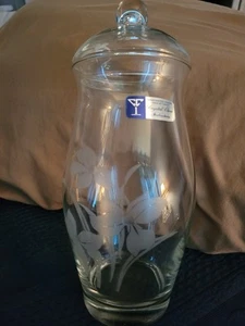 Crystal Clear Lidded Jar Approx 12 In with Lid Hand Etched In Turkey - Picture 1 of 3