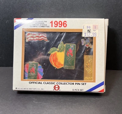 Atlanta 1996 Olympics Boxed 5 Pin Set - Peach, US Flag, Torch, Mascot, Colors - Image 1 of 4