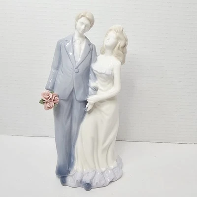 Wedding Cake Topper Bride & Groom Porcelain Figurine Couple Bouquet Blue  - Image 1 of 4