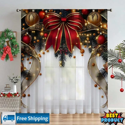 Christmas Curtain Pine Needle Snowflake Print Sheer Rod Pocket Window Curtain - Image 1 of 4