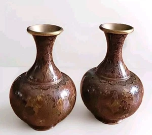 VTG JINGFA Brown,gold, and Black Floral Cloisonne vases 6" Each .GREAT CONDITION - Picture 1 of 6