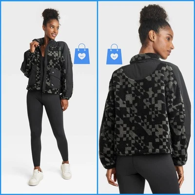 Большой - женщин напечатано высокий ворс флисовая куртка - JoyLab - черный геометрический принт - Изображение 1 из 4