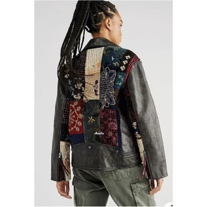 Free People Frankie Pieced Blanket Moto Jacket Leather Bohemian Size Medium - Bild 1 von 15