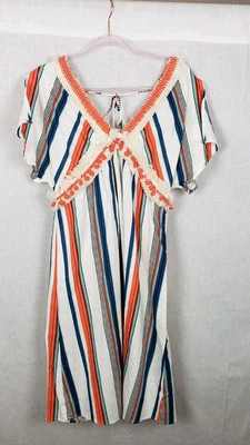 Moon River Dress M Multicolor Midi Striped Split Sleeves Fringe Trim Linen Blend - Image 1 of 4