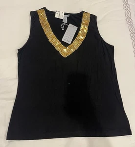 Canotta donna Mac & Jac in viscosa elasticizzata scollo a V nera paillettes oro nuova con etichetta taglia L - Foto 1 di 4
