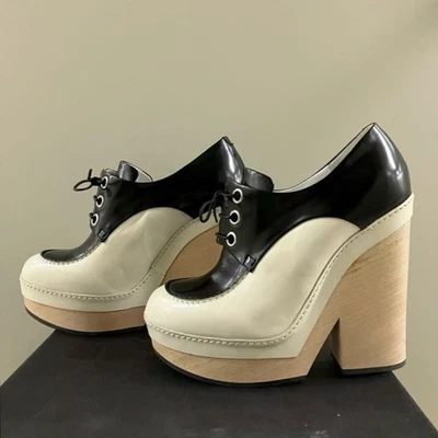 JIL SANDER Plataforma Feminina Salto Alto Robusto Preto Branco Tamanho UE 37.5 Itália Usado - Imagem 1 de 4