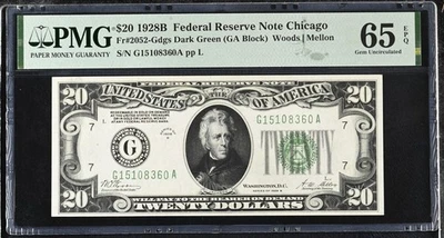 1928 B $20 Dollar Federal Reserve Note Chicago FR#2052-G Dark Green PMG 65 EPQ - Image 1 of 2