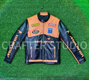 F1 McLaren Leather Jacket Orange & Black Racing Style Formula 1 Team Gear Size - Picture 1 of 11
