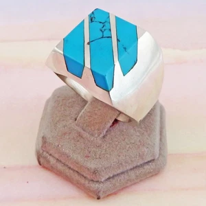 Men's  Size 10 1/4 Sterling Silver Inlay Turquoise Ring - Picture 1 of 10