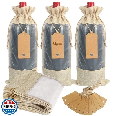 Shintop Burlap Wine Bags, 12 Pcs Wine Gift Bags with Tags and Strings Drawstr - Image 1 of 4