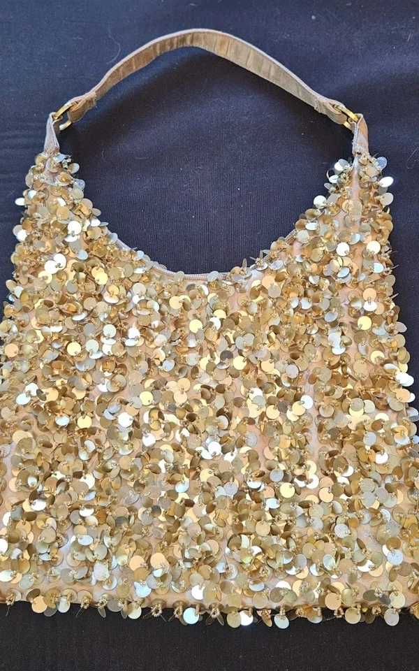 Vintage Y2K Shoulder Purse Strap Gold Sequins & Beads Hobo Bag - Image 1 of 4