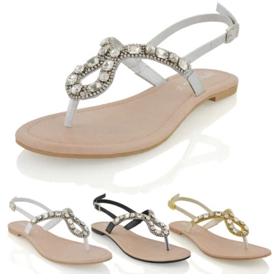 ESSEX GLAM Flache Damen-Sandale Holiday Diamant mit rückseitigem Riemen funkelnde Damenschuhe Größe