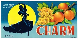 ORIGINAL VINTAGE 1950S CRATE LABEL SPAIN CHARM JOSE SANZ FLAMENCO DANCER MOON - Picture 1 of 1