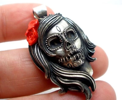 Collar Calavera Azúcar, Collar Día de los Muertos Plata de Ley Foto 1 de 4