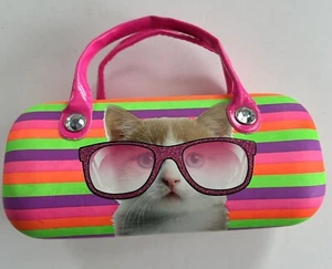 Kids Eye Glasses Carry Case Cat Wearing Glasses Fluorescent Hard Case Used - Picture 1 of 2