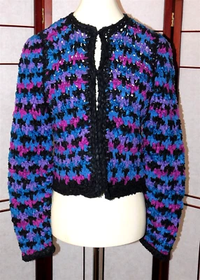 De Colección Estelle Gracer Azul Púrpura Grueso Tejido Chaqueta Corta Suéter 1989 Glam Pequeño Foto 1 de 4