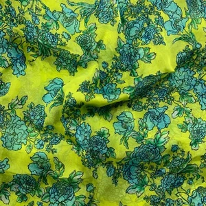 100% Silk Chiffon Lime Yellow with Turquoise Floral 1m x 1.4m Remnant, Dress Y54 - Picture 1 of 2