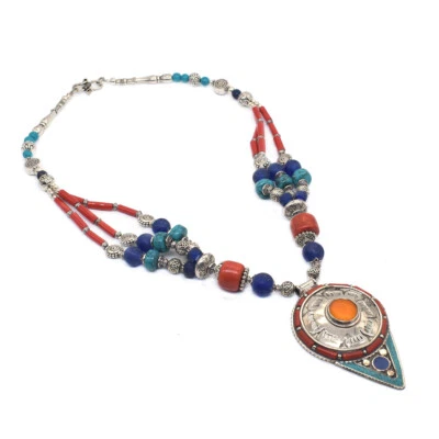 Collar tibetano de piedras preciosas turquesa verde joyería de moda nepalí 22" c388 Foto 1 de 4