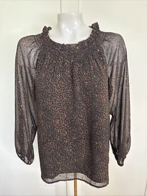 Talbots Size S Black Brown Animal Print Metallic Sheer Long Sleeve Blouse Lined - Image 1 of 4