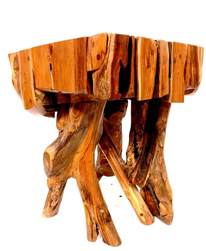 Table D'Appoint En Teck En Bois De Racine Tabouret En Teck Massif Tronc D'Arbre - Photo 1/4
