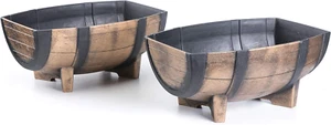 Set of 2 Rustic Wood- Look Plastic Half Barrel Flower Pot Garden Planter - Picture 1 of 9