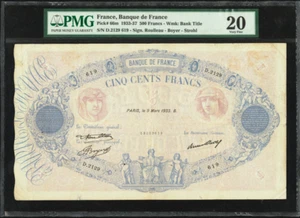 France Banque de France 500 Francs 9.3.1933 Pick 66m PMG Very Fine 20 - Picture 1 of 2