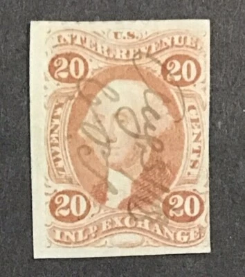 US 1862 VF-XF Used Imperf Sc#R42a  20cent Inland Exchange Revenue,   (W53)￼ - Image 1 of 2