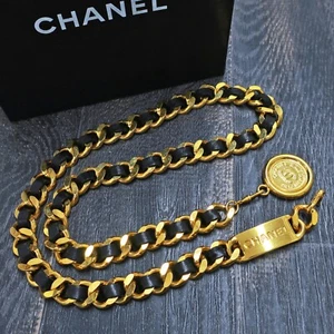 CHANEL Gold Plated Black Leather CC Logos Coin Vintage Chain Belt #903c Rise-on - Picture 1 of 12