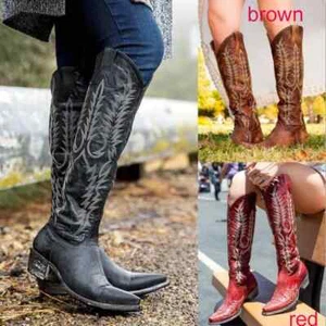 Women Knee High Boots Mid Med Heels Round Toe Ethic Shoes Woman Chaussure - Picture 1 of 27