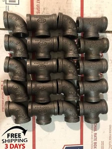 1/2" BLACK MALLEABLE IRON PIPE FITTINGS PLUMBING THREADED (10)ELBOWS (10)TEES - Picture 1 of 1