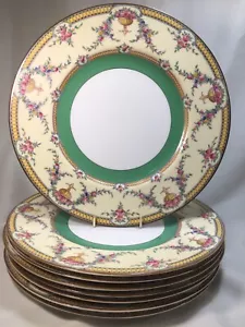 (8) 1927 Royal Worcester 'Rosemary' Yellow Green Band 10.5" DINNER PLATES c2931 - Picture 1 of 10