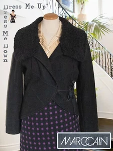 Marc Cain Black Wool Wrap Jacket Faux Astrakhan Collar Size 2 UK 8 PERFECT - Picture 1 of 9