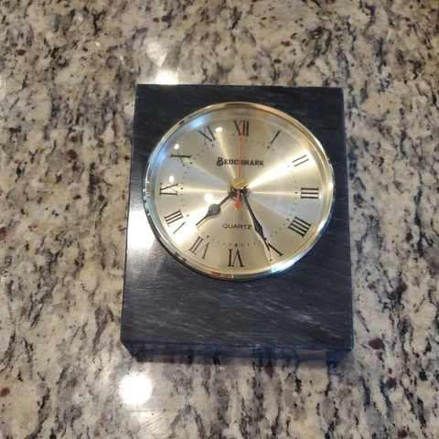 Vintage Benchmark  Desk Top Clock Grey Marble Quartz Cover