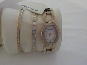 Anne Klein Women's Gold Tone Premium Crystal & MOP Watch &2 Bracelets Set AK4020 - Picture 1 of 7