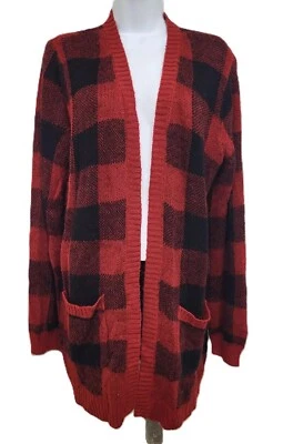 Cárdigan Maurices ~ Usado ~ Negro y Rojo Buffalo Cuadros Frente Abierto Suéter ~ XXL Foto 1 de 4