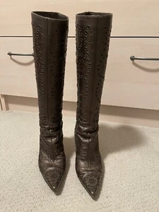 JIMMY CHOO BRONZE LEATHER FLORAL GROMMET TALL BOOTS: Sz 38, MSRP $1495, Auth - Picture 1 of 24
